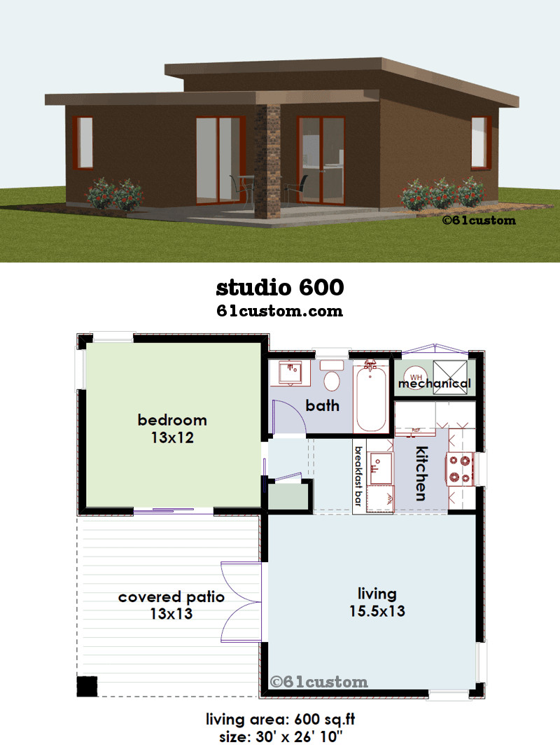 Small 1 Bedroom House Plans
 studio600 is a 600sqft contemporary small house plan with