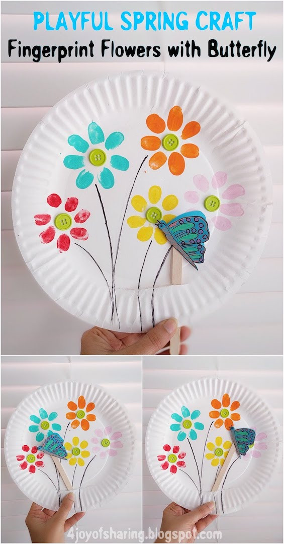 Spring Ideas Crafts
 Fingerprint Flowers And Flying Butterfly Playful Spring