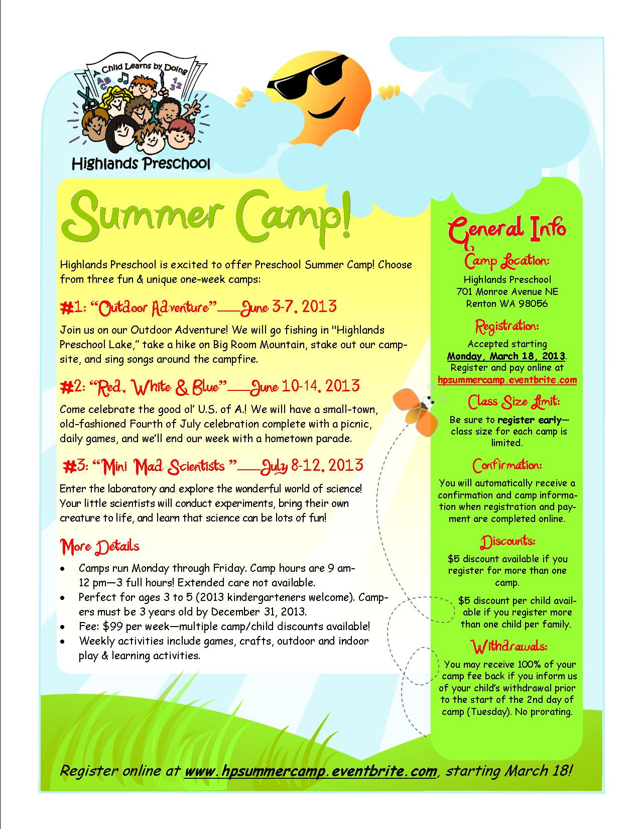 Summer Camp Ideas For Preschool
 Highlands Preschool Summer Camps 2013 Registration Renton