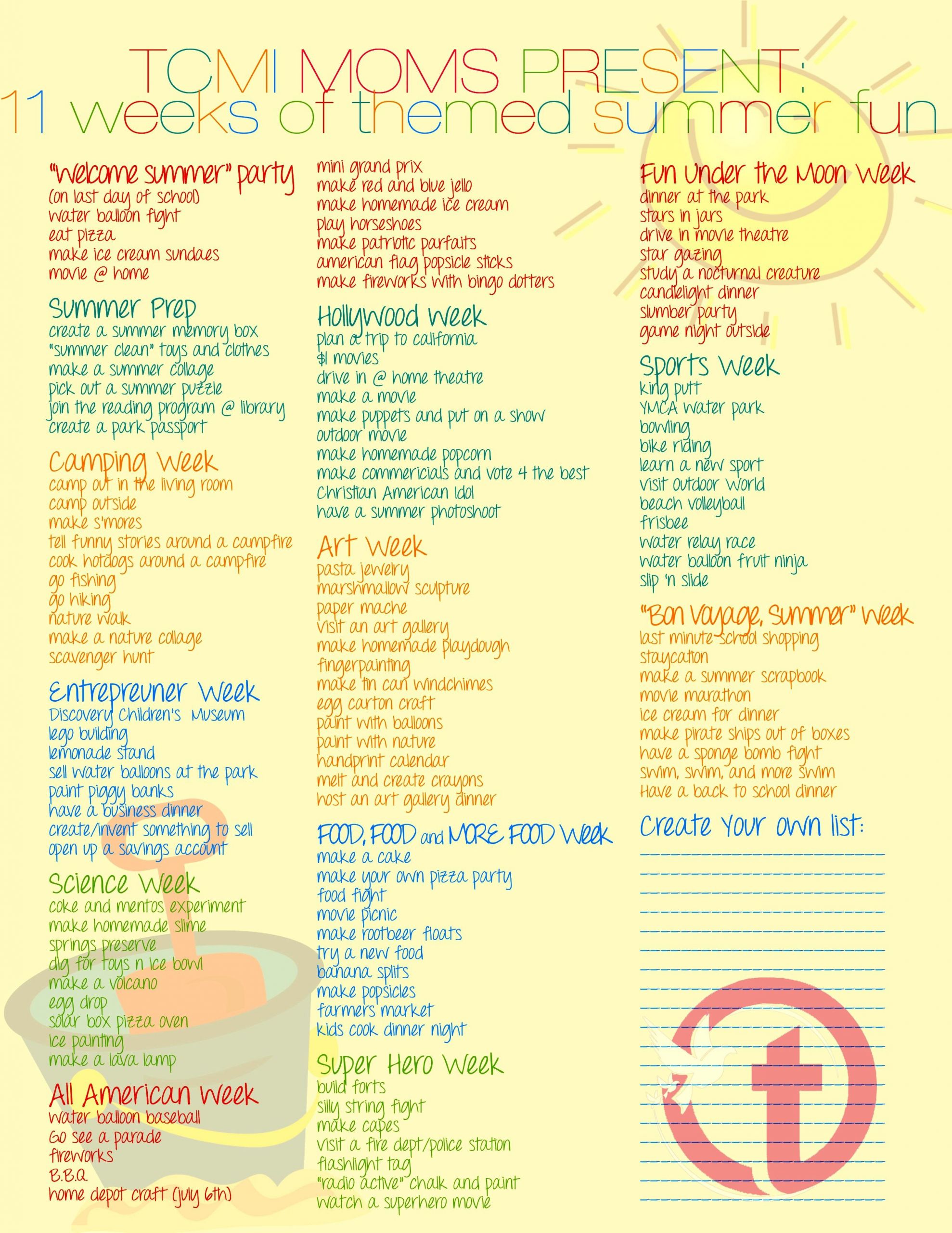 Summer School Curriculum Ideas
 A weekly themed Summer Bucket List
