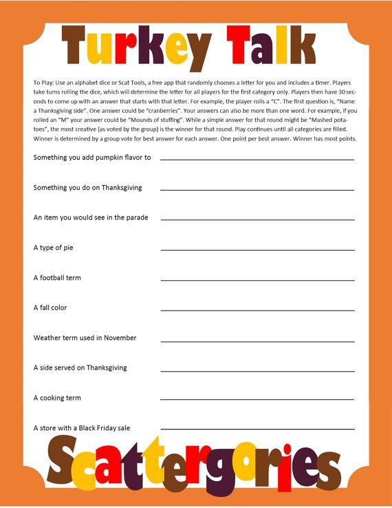 Thanksgiving Party Games
 Thanksgiving Scattergories Printable Game Thanksgiving