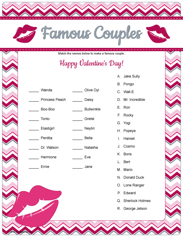 Valentines Day Party Names
 Famous Couples Game Printable Valentine s Game