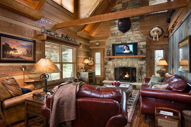 Western Curtains For Living Room
 Log home with barn wood and Western decor Traditional