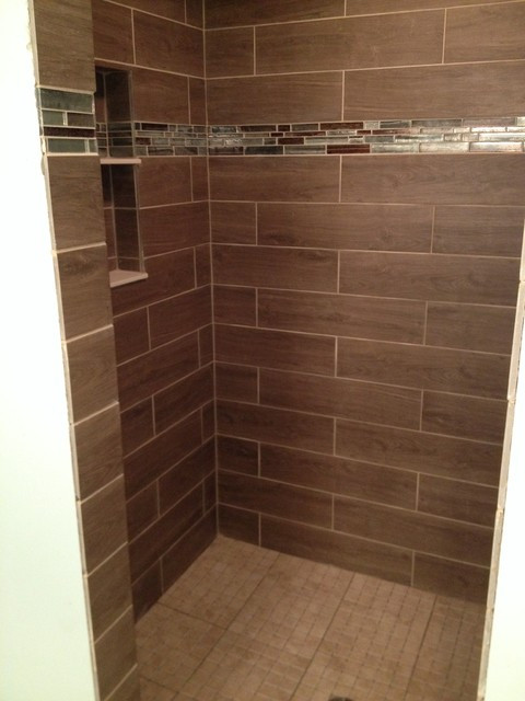 Wood Tile Bathroom Shower
 Our faux wood tile and glass tile shower LOVE