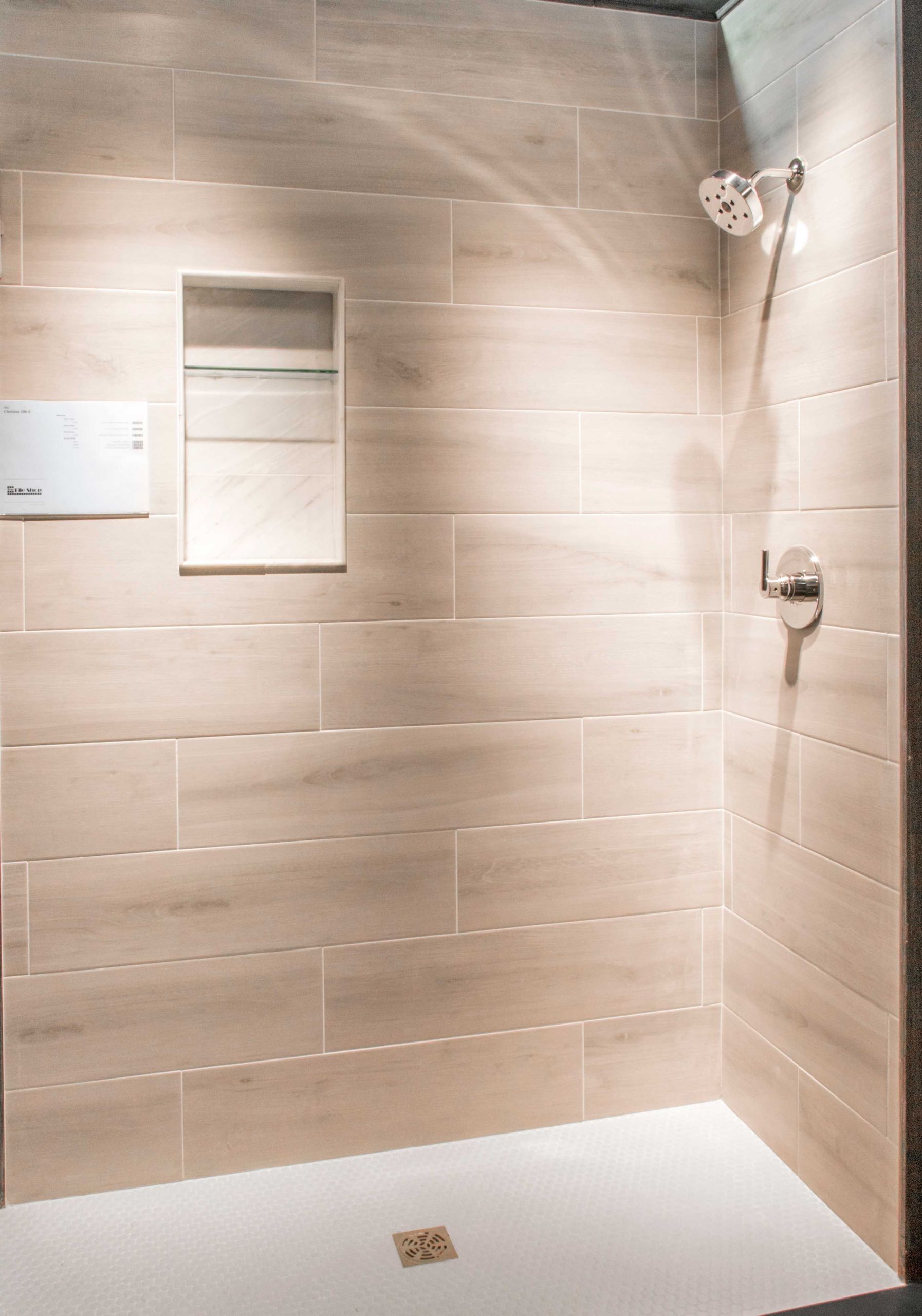 Wood Tile Bathroom Shower
 Bathroom shower wall tile Bosco Cenere Faux Wood Wall