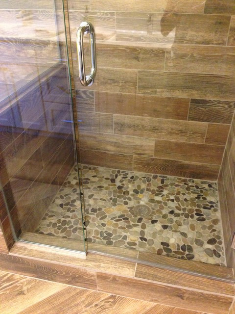 Wood Tile Bathroom Shower
 Shower remodel Natural look with mosaic flat rock pebbles