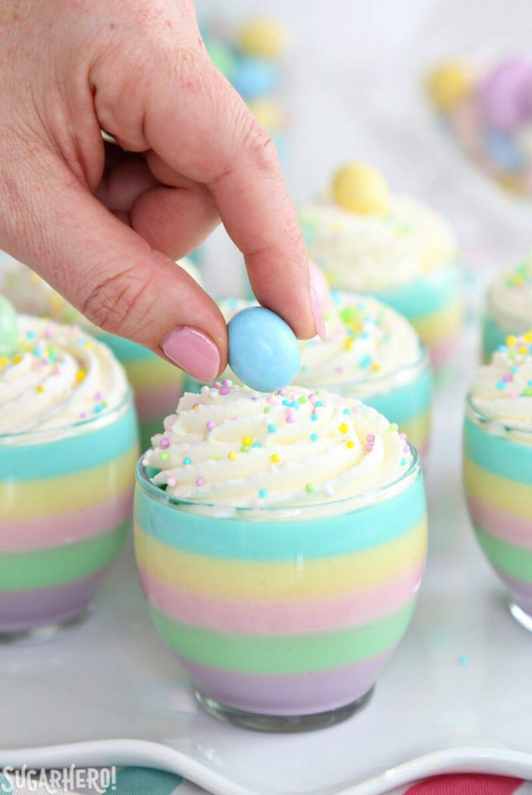 Easter Jello Desserts
 Pastel Rainbow Gelatin Cups – an easy spring dessert that