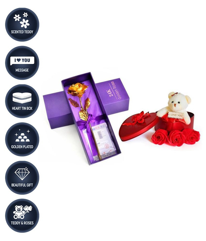 Valentines Day Gift Package
 Valentine Gift Heart Shape Box with Teddy and Gold Plated